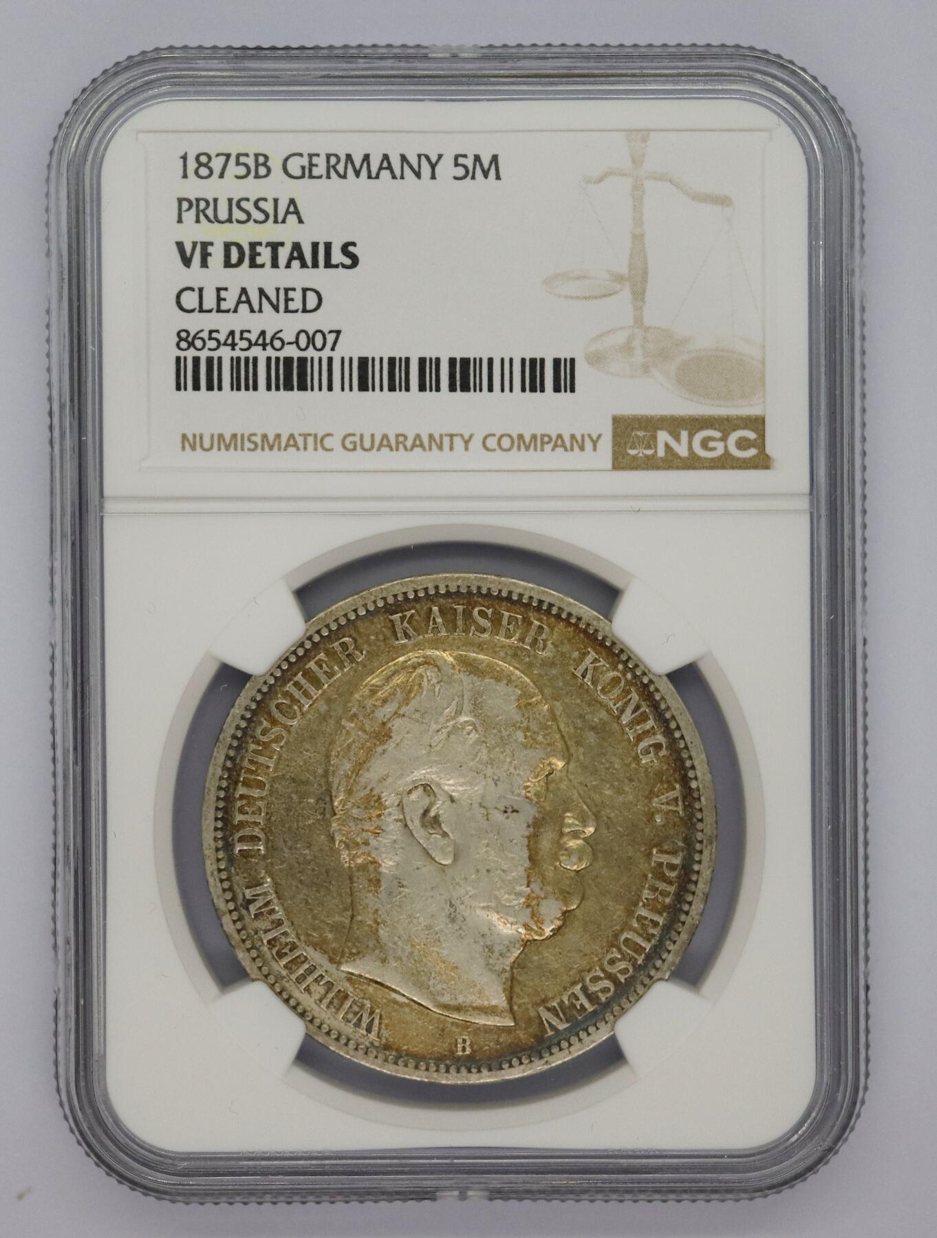 观钱 近现代机制币拍卖No.005（全场顺丰包邮，不区分偏远地区）  1875 年 B 版普鲁士 5 马克银币 NGC VF92