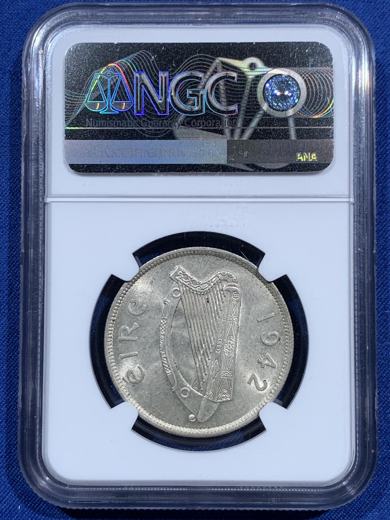 《竞宝斋》第473场 周日，周一 2场连拍 （全场包邮）欢迎送拍 NGC AU58 爱尔兰1942年半克朗银币 最大面值