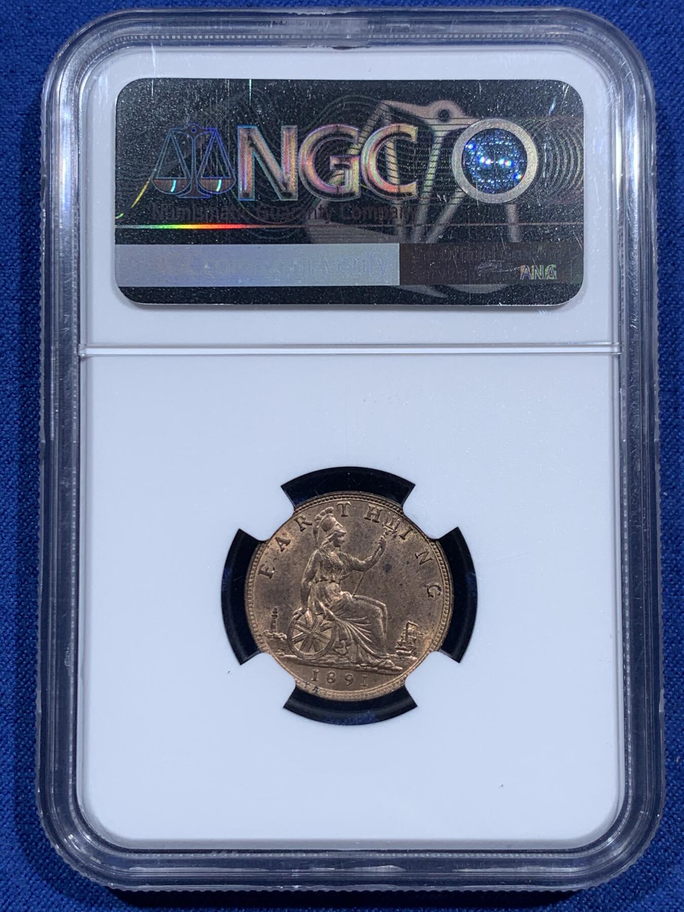 《竞宝斋》第473场 周日，周一 2场连拍 （全场包邮）欢迎送拍 NGC MS64RB 英国1891年 维多利亚1法新(1/4便士)铜币 铜光犹在 少见高分 同品类NGC更高评分仅3枚