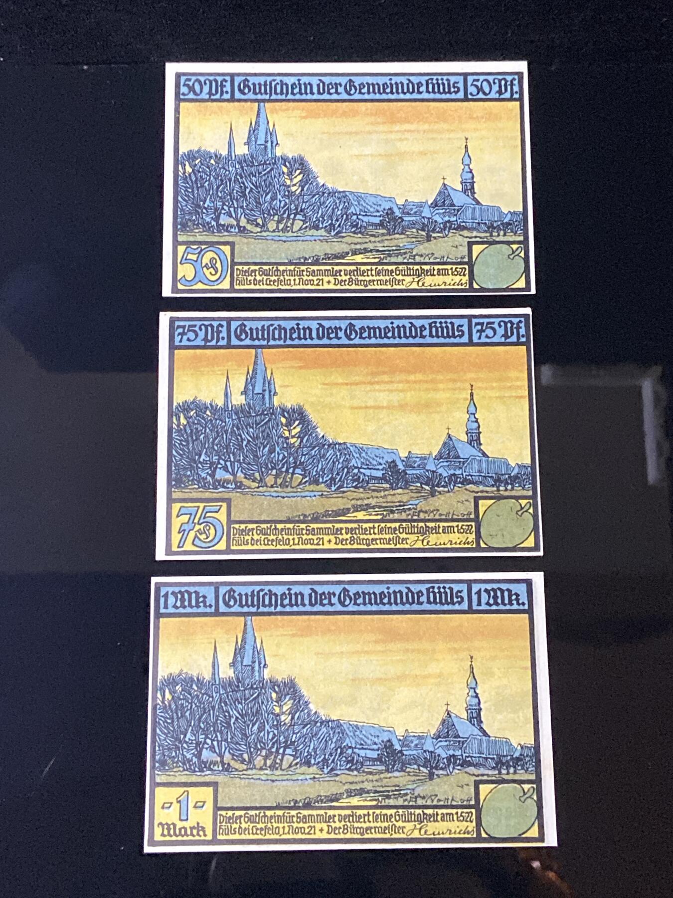 2026年第三十七场(总第二百零六场）德紧纸币特拍场(佣金3%，最低1元) 德紧纸币–德国希尔瑟（Hülser，今德国北莱茵-威斯特法伦州希尔瑟区）50、75芬妮、1马克三枚套票