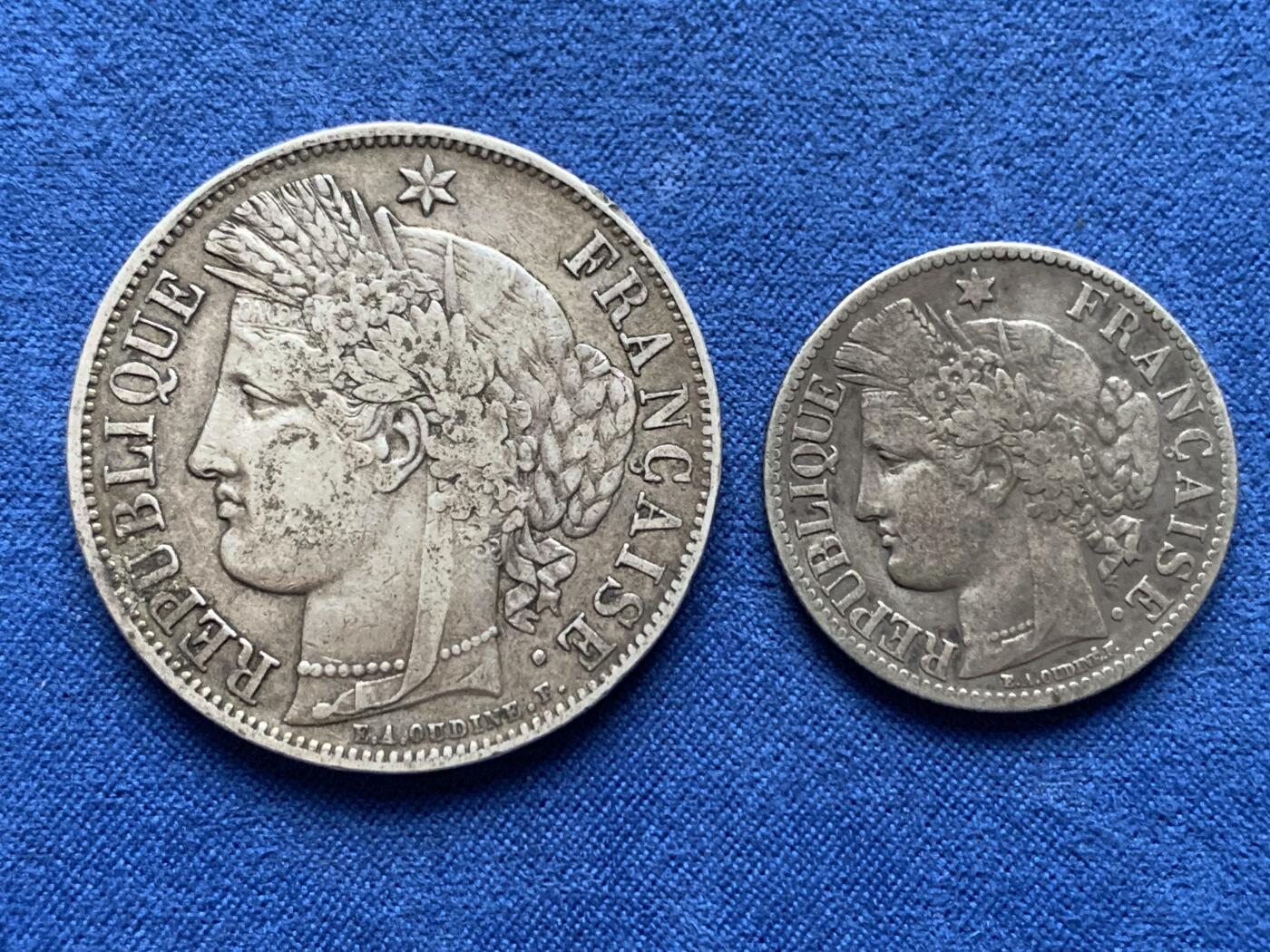 《竞宝斋》第473场 周日，周一 2场连拍 （全场包邮）欢迎送拍 两枚一组 法国谷物女神银币 1850A 5法郎 24.8克+1895年2法郎 9.75克