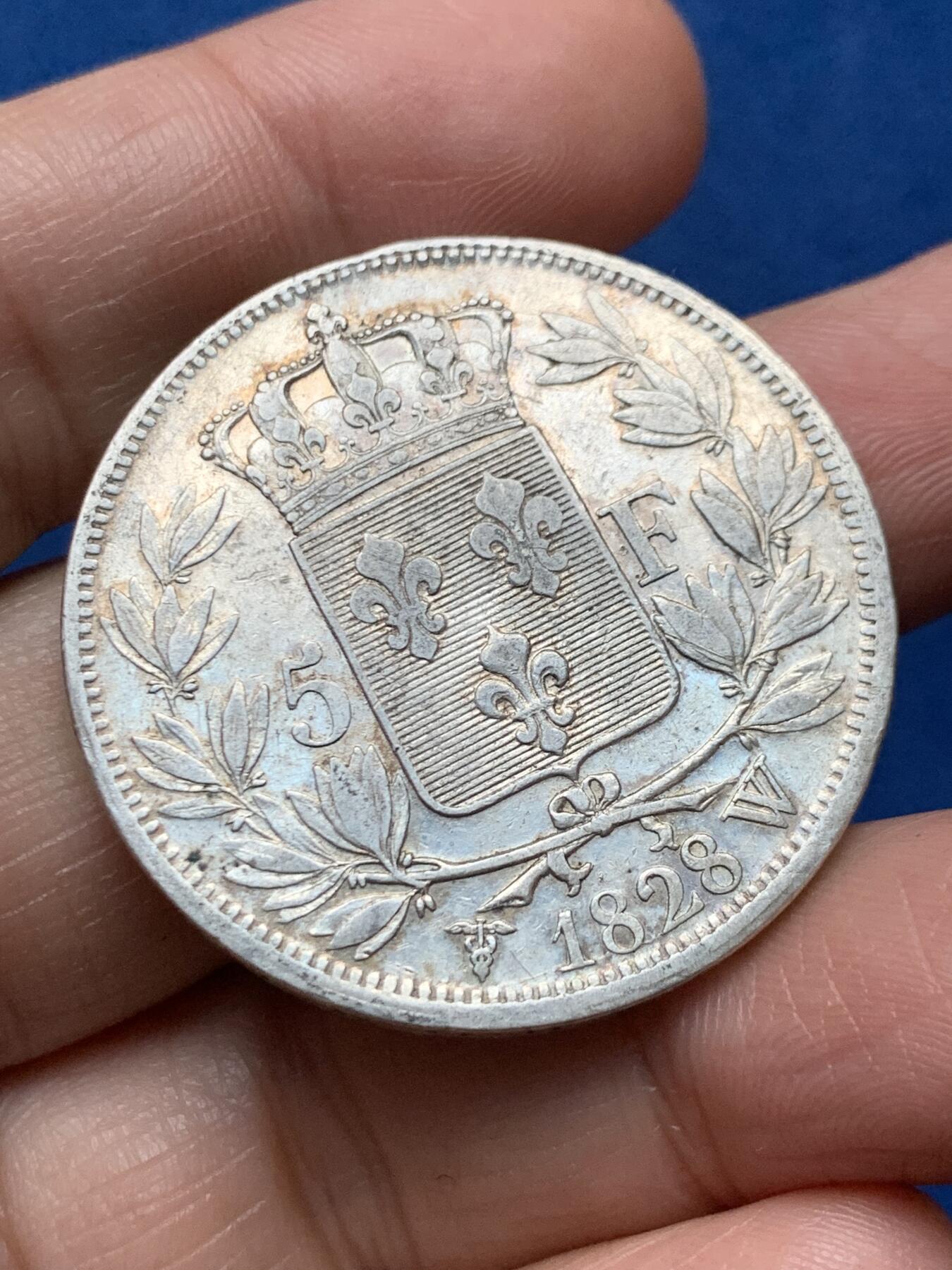 《竞宝斋》第473场 周日，周一 2场连拍 （全场包邮）欢迎送拍 法国1828年W版查理十世5法郎大银币，里尔造币厂