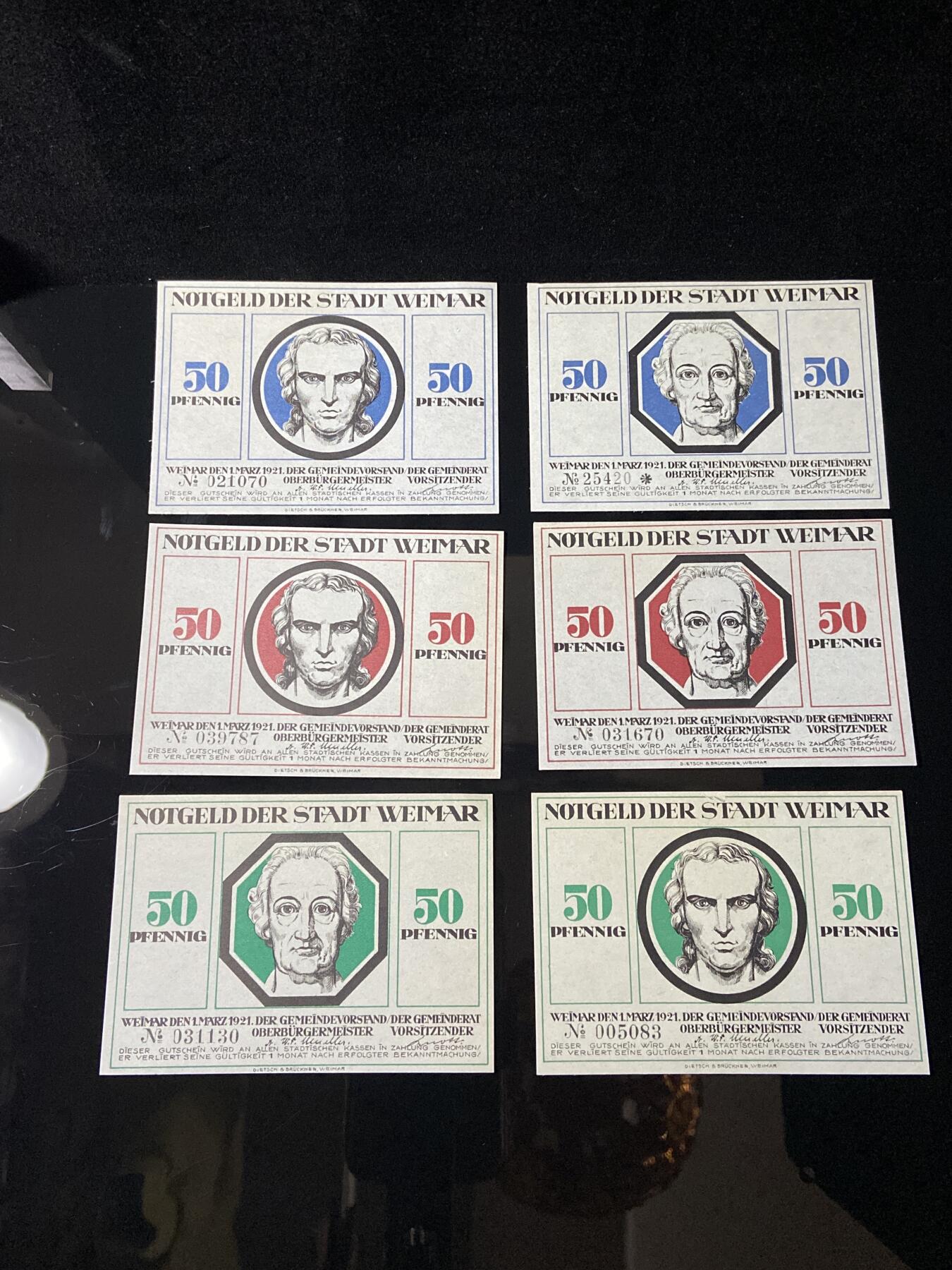 2026年第三十七场(总第二百零六场）德紧纸币特拍场(佣金3%，最低1元) 德紧纸币–德国图林根州魏玛市（Stadt Weimar）50芬妮六枚套票