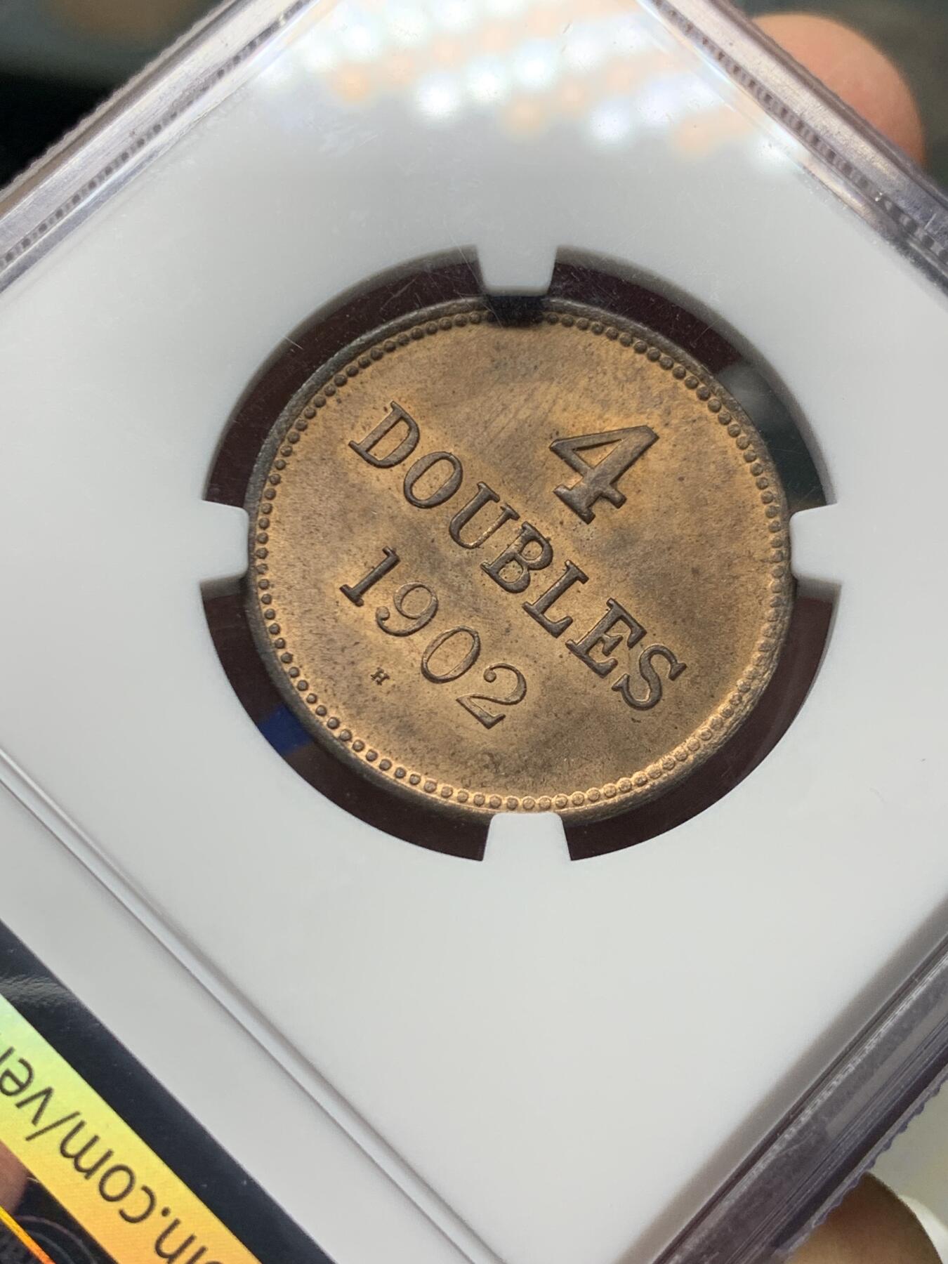 《竞宝斋》第473场 周日，周一 2场连拍 （全场包邮）欢迎送拍 NGC MS64RB 红铜光高分 1902年英属根西岛4D 盾徽上狮子脸清晰 非常讨喜的英国海外领土品种