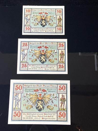 2026年第三十七场(总第二百零六场）德紧纸币特拍场(佣金3%，最低1元) - 德紧纸币–德国图林根州普劳厄市（Stadt Plau i.Thür.，标注  Plau-Thür. ）10、25、50芬妮三枚套票