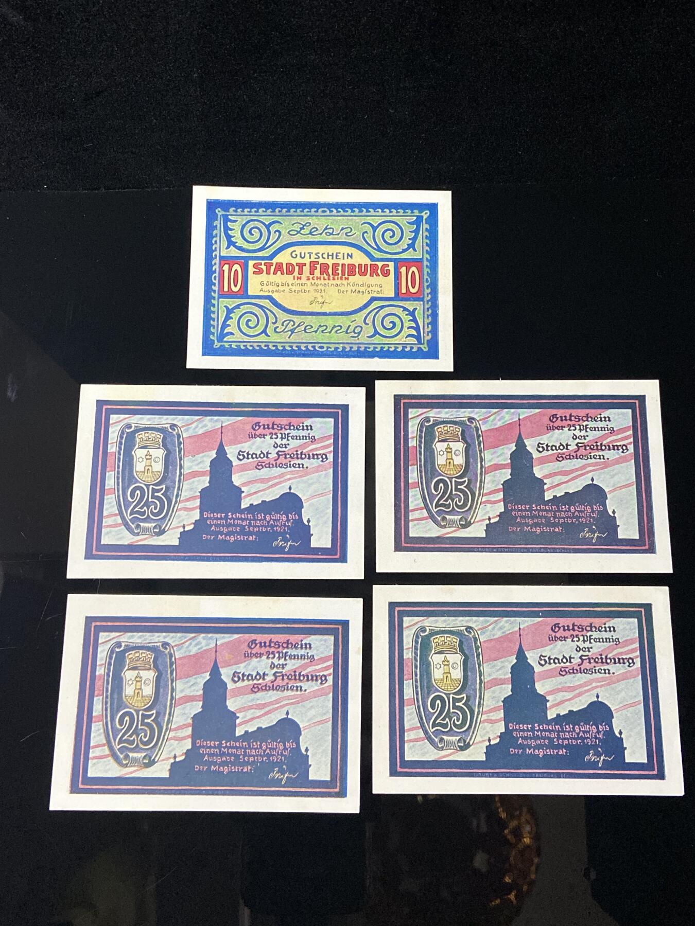 2026年第三十七场(总第二百零六场）德紧纸币特拍场(佣金3%，最低1元) 德紧纸币–德国西里西亚省弗赖堡市（Stadt Freiburg in Schlesien，今波兰希维德尼察Świdnica）10、25芬妮五枚套票