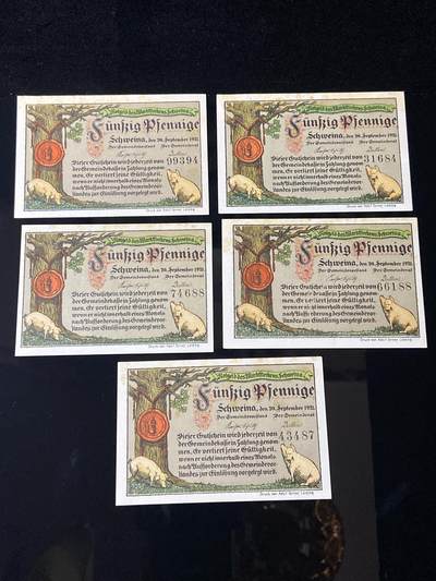 2026年第三十七场(总第二百零六场）德紧纸币特拍场(佣金3%，最低1元) - 德紧纸币–德国萨克森州施魏纳（Schweina，Marktgemeinde Schweina，市场镇施魏纳）50芬妮五枚套票
