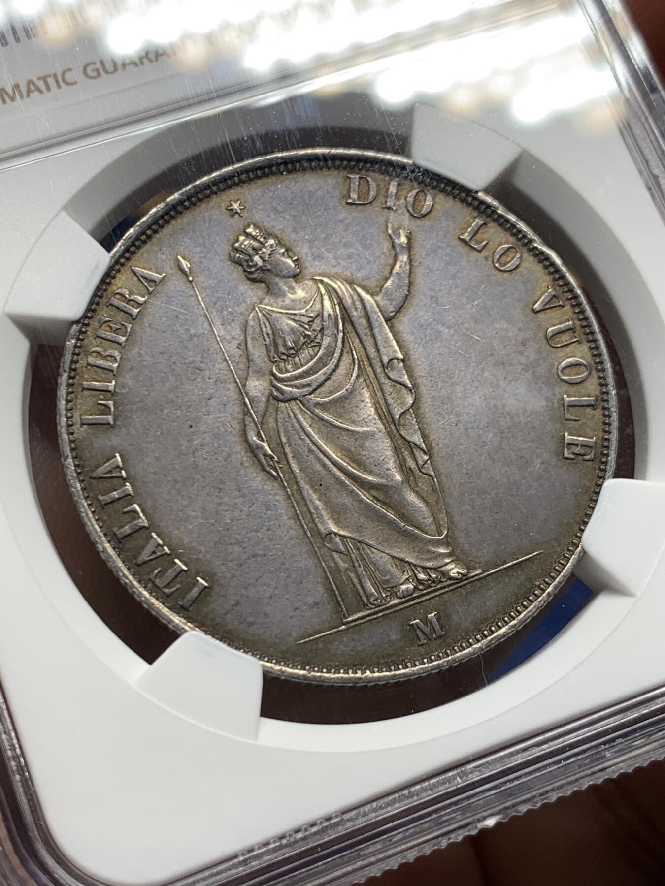 《竞宝斋》第473场 周日，周一 2场连拍 （全场包邮）欢迎送拍 NGC MS61 意大利伦巴第威尼斯革命临时政府1848年5里拉大银币，超级漂亮的深彩包浆，出分非常不易，该品种足够自藏的分数。