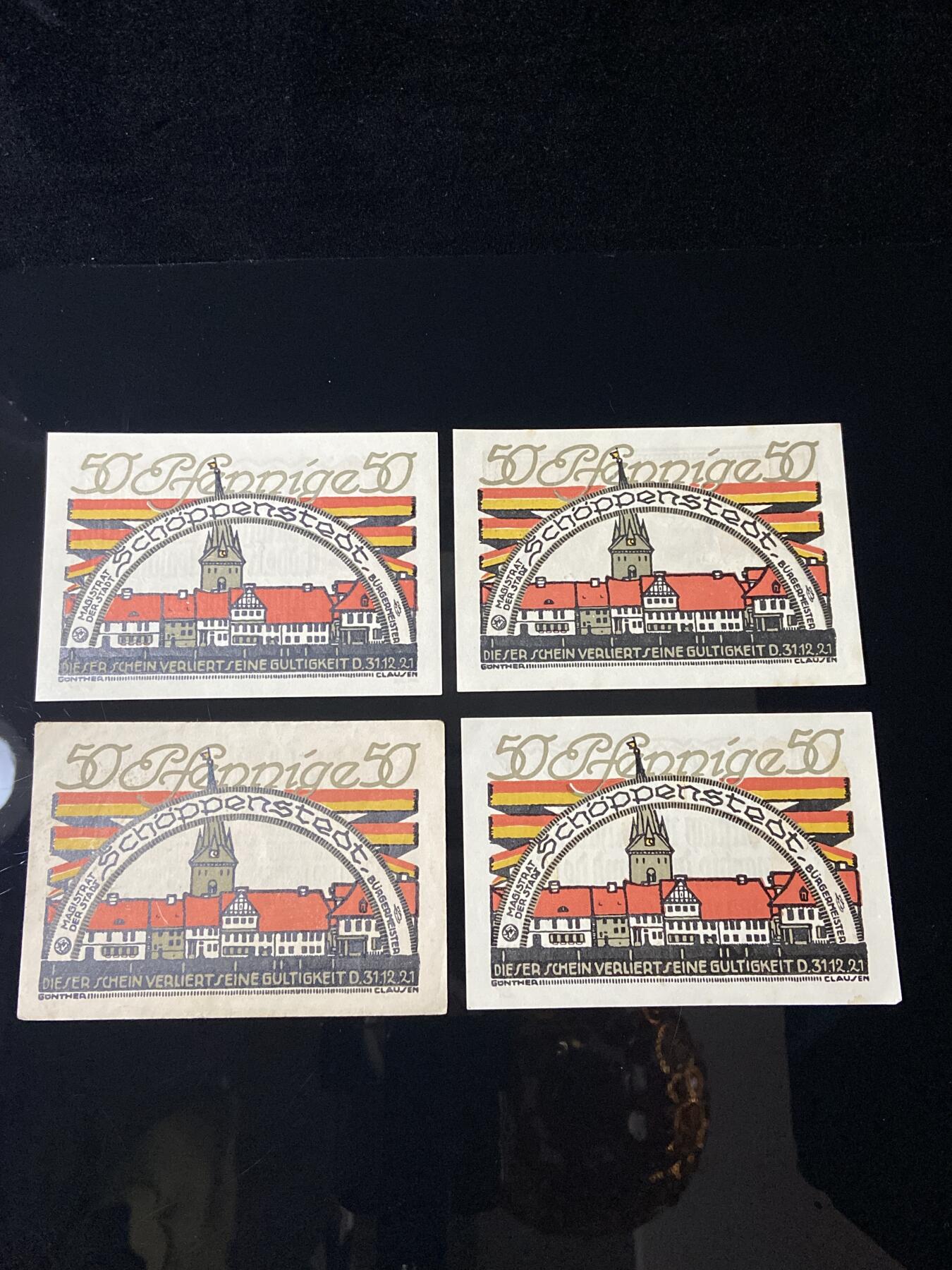 2026年第三十七场(总第二百零六场）德紧纸币特拍场(佣金3%，最低1元) 德紧纸币–德国下萨克森州朔彭施泰特市（Schöppenstedt）50芬妮四枚套票