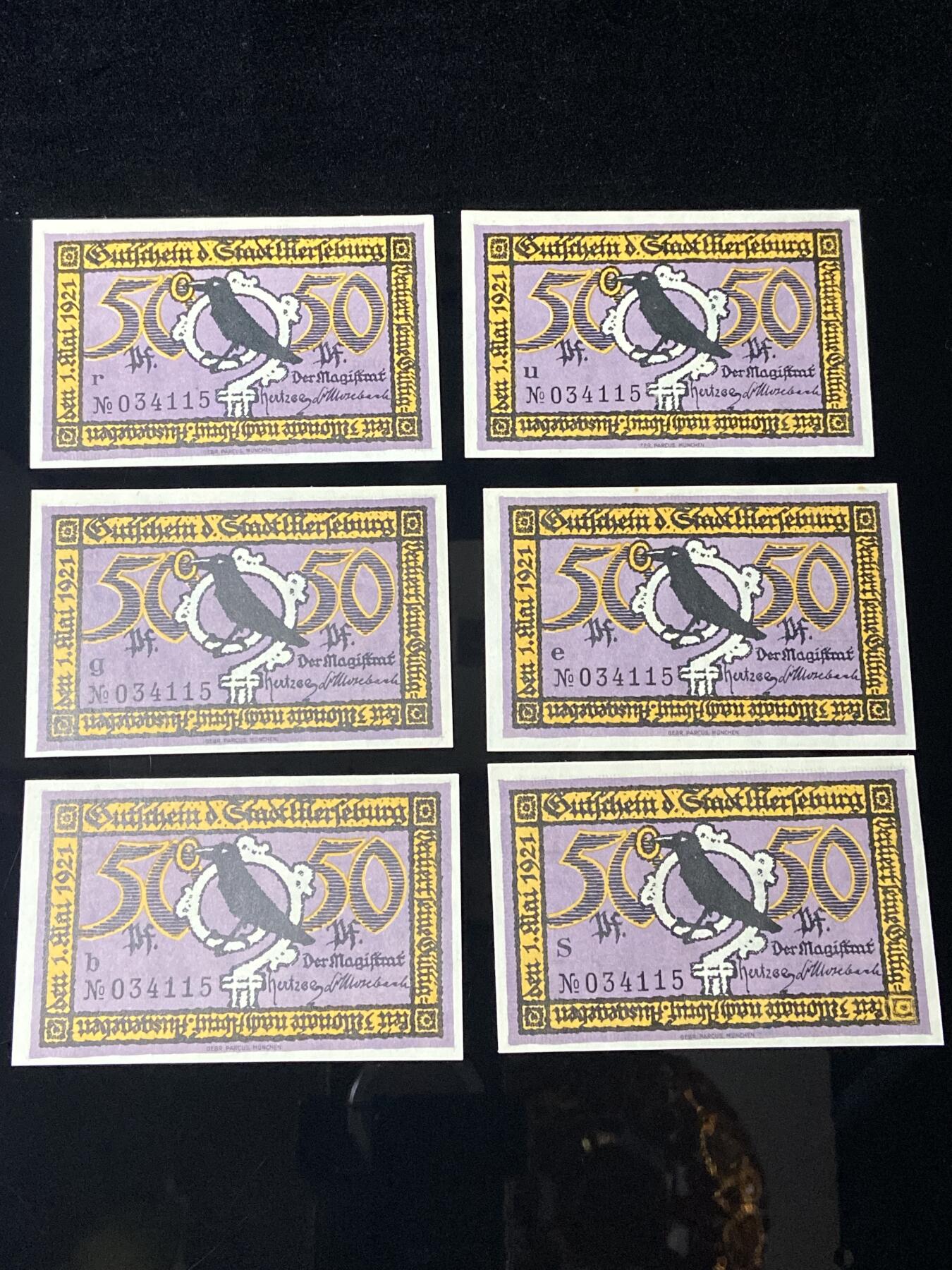 2026年第三十七场(总第二百零六场）德紧纸币特拍场(佣金3%，最低1元) 德紧纸币–德国萨克森-安哈尔特州阿斯卡尼亚市（Stadt Aschersleben）50芬妮六枚套票