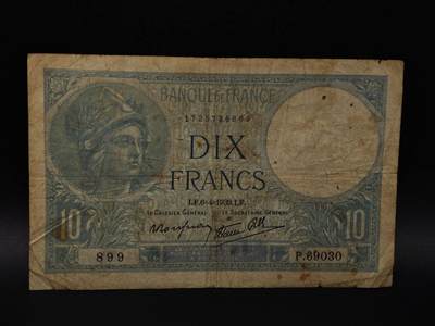  【淘币小摊】限时拍第八百八十四拍   纸币场    每周一统一发货 - 法国10法郎纸币【有折】