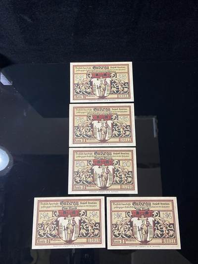 2026年第三十七场(总第二百零六场）德紧纸币特拍场(佣金3%，最低1元) - 德紧纸币–德国西里西亚省古克劳市（Guhrau，今波兰古拉瓦Góra）25、50、75芬妮，1、2马克五枚套票