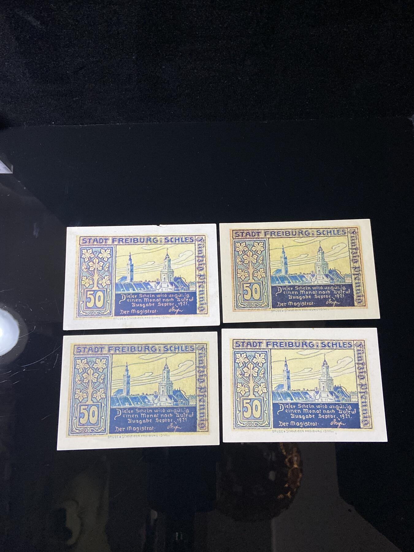 2026年第三十七场(总第二百零六场）德紧纸币特拍场(佣金3%，最低1元) 德紧纸币–德国西里西亚弗赖堡（Freiburg in Schlesien，现波兰希维博济采）50芬妮四枚套票