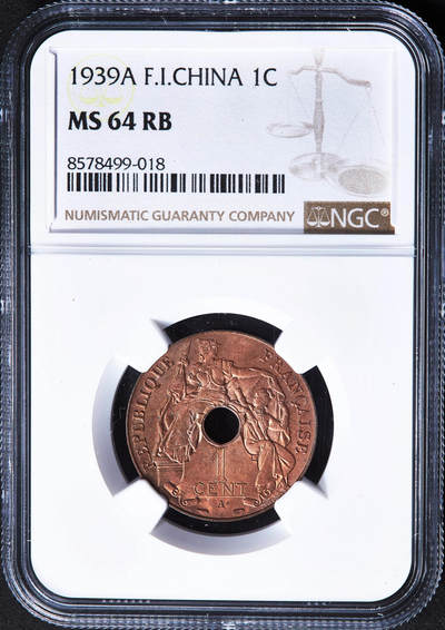 【俄甄集藏】2026年(050)04-01星期三 晚 19:30 全场包邮 - 法属印度支那1939年A版中孔百分之一（1分）铜币，NGC MS64RB，原铜光难得