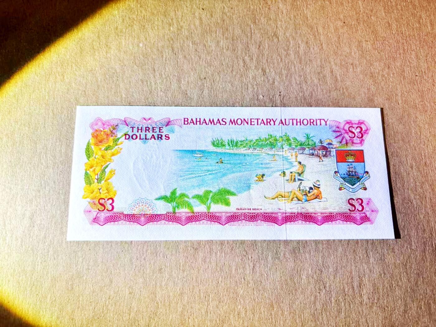 【Blue Auction】世界纸币精拍第798期——18级TOP拍卖/信誉/品质/专业/高效💫 【222豹子号无47】巴哈马 1968年3元 彩背 女王 全新UNC  