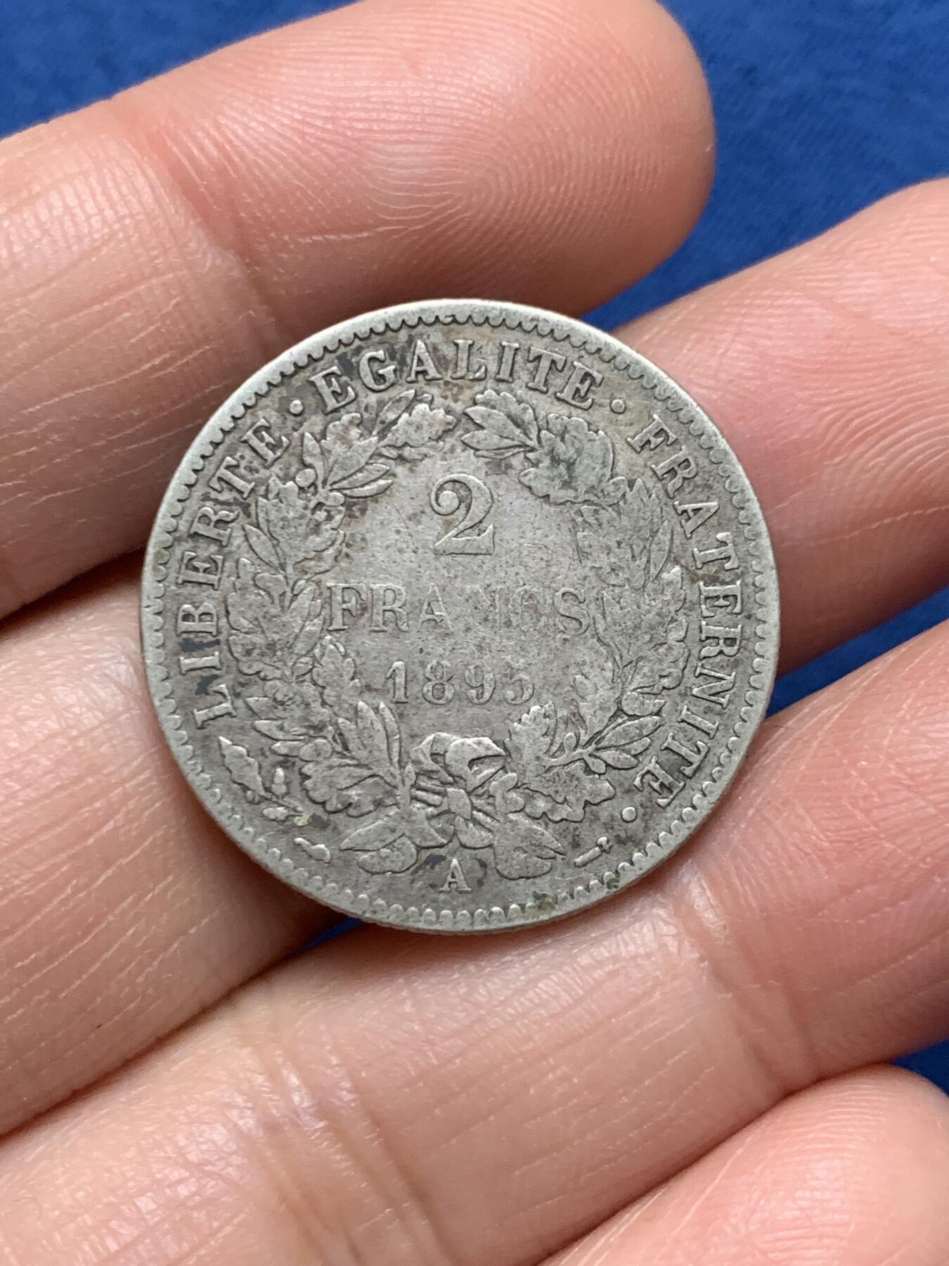 《竞宝斋》第473场 周日，周一 2场连拍 （全场包邮）欢迎送拍 两枚一组 法国谷物女神银币 1850A 5法郎 24.8克+1895年2法郎 9.75克