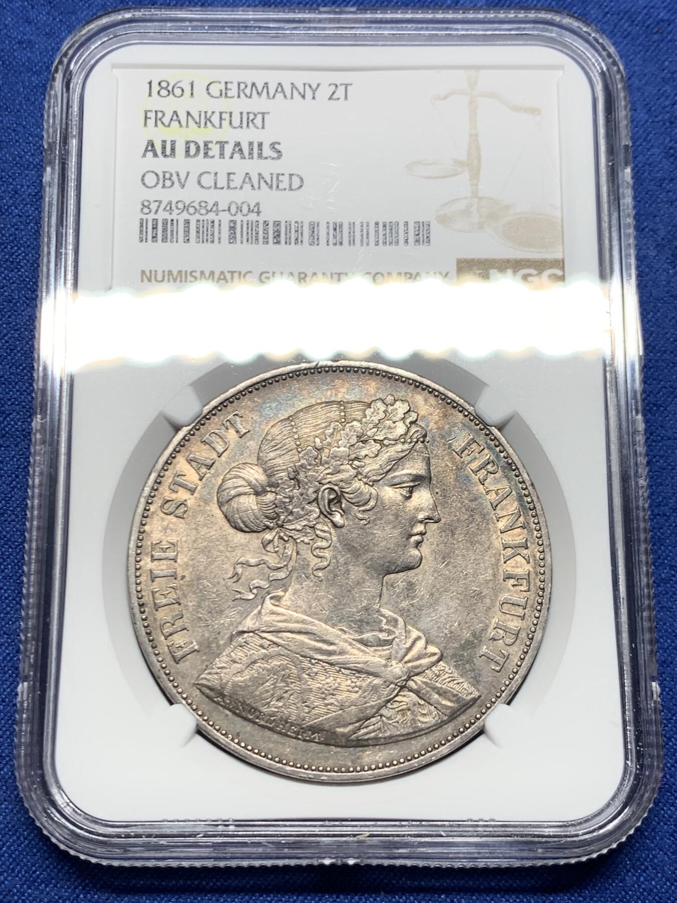 《竞宝斋》第473场 周日，周一 2场连拍 （全场包邮）欢迎送拍 NGC AUD 德国 1861年 法兰克福少女 2泰勒 银币 细节保存不错