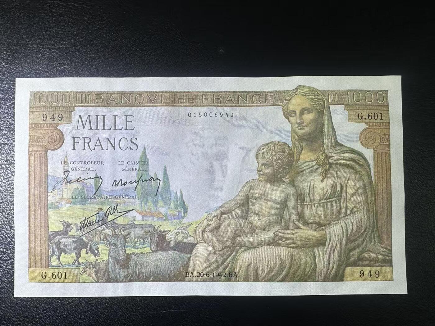 【Blue Auction】世界纸币精拍第798期——18级TOP拍卖/信誉/品质/专业/高效💫 【949小雷达】法国 1942年1000法郎 大票幅 圣母 墨丘利  UNC品相 