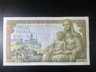 【Blue Auction】世界纸币精拍第798期——18级TOP拍卖/信誉/品质/专业/高效💫 - 【949小雷达】法国 1942年1000法郎 大票幅 圣母 墨丘利  UNC品相 