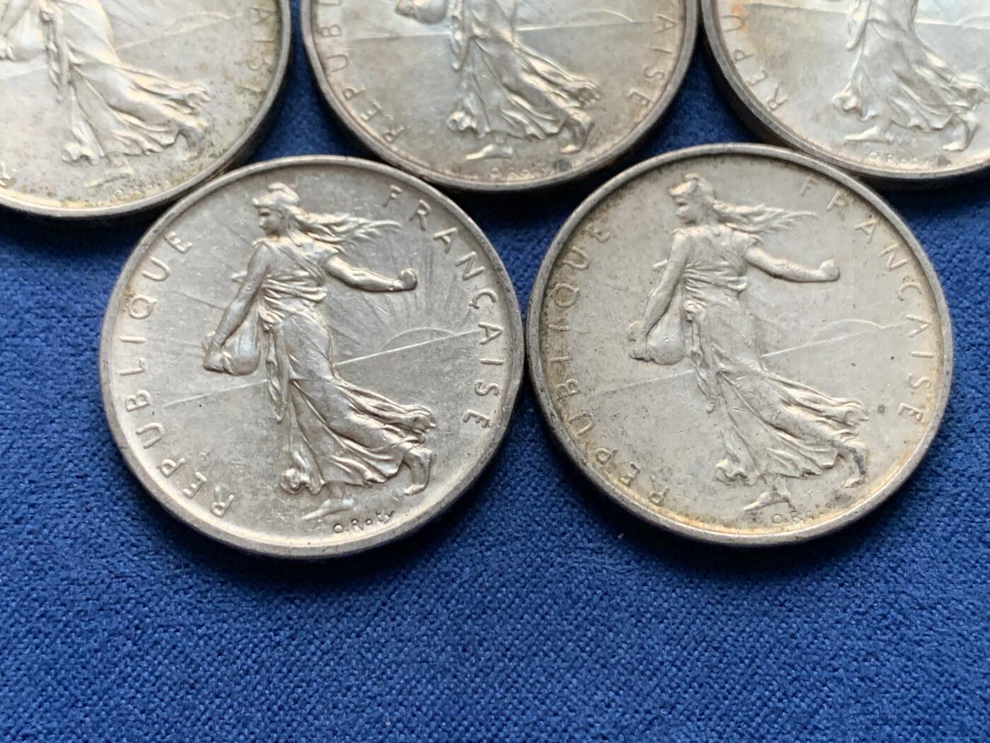 《竞宝斋》第473场 周日，周一 2场连拍 （全场包邮）欢迎送拍 五枚一组 法国播种女神5法郎银币 总重约60克