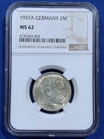 《竞宝斋》第473场 周日，周一 2场连拍 （全场包邮）欢迎送拍 - NGC MS62 德国1937年兴登堡2马克银币