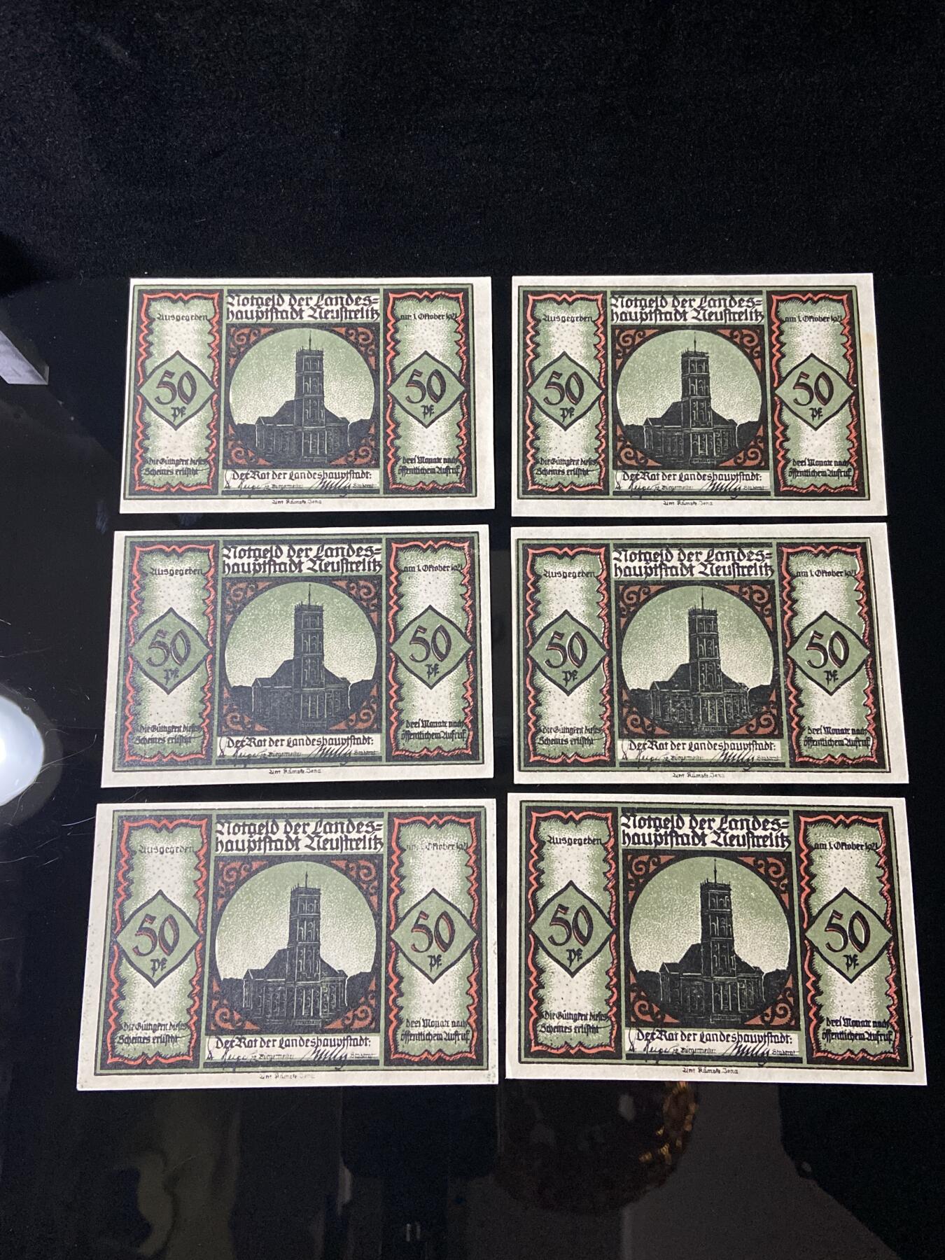 2026年第三十七场(总第二百零六场）德紧纸币特拍场(佣金3%，最低1元) 德紧纸币–德国诺伊弗赖堡（Neufreiburg，今波兰希维博日什Swiebodzice）50芬妮六枚套票