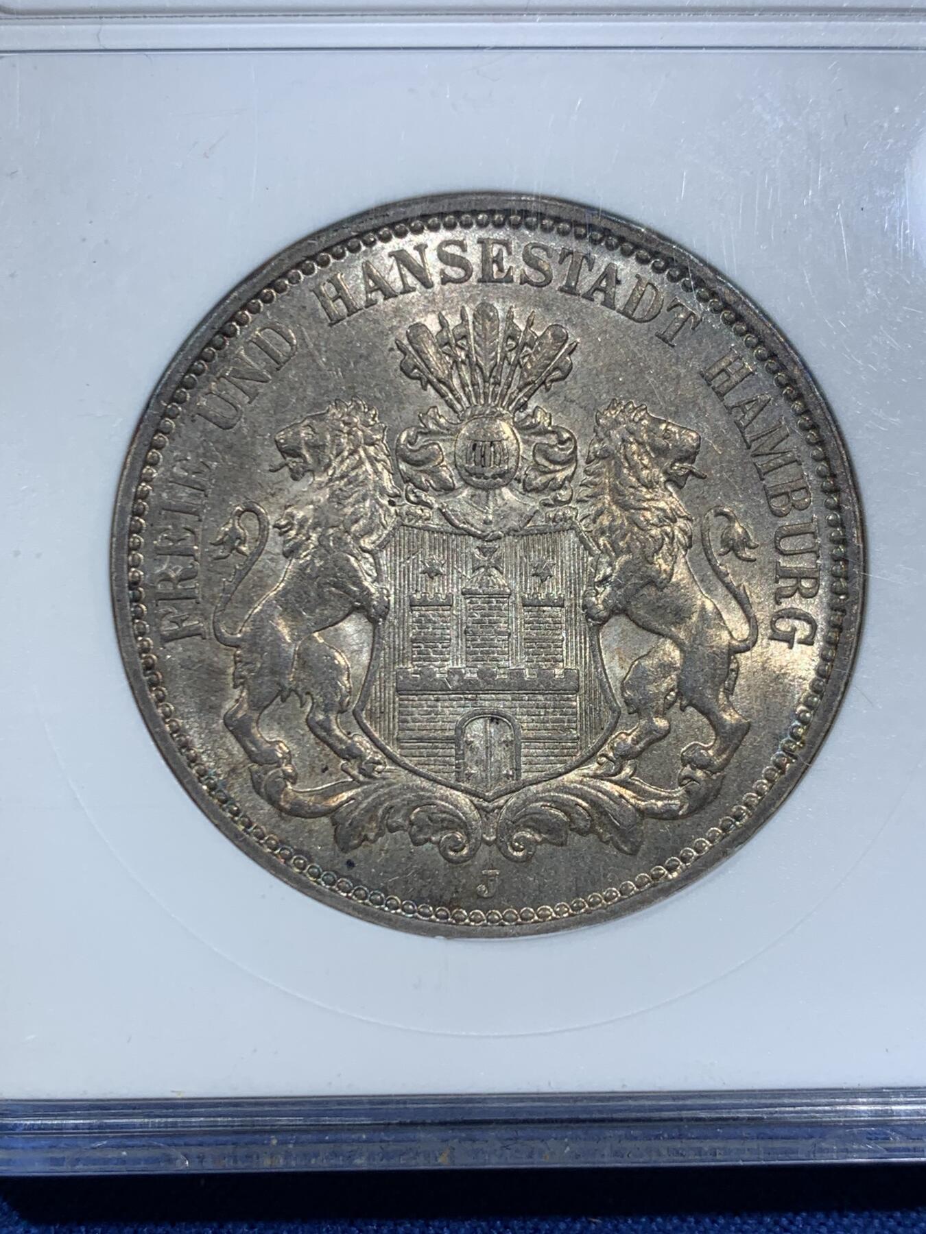 《竞宝斋》第473场 周日，周一 2场连拍 （全场包邮）欢迎送拍 ANACS MS61 德国1912年汉堡3马克 早期小白盒 原光五彩