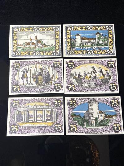 2026年第三十七场(总第二百零六场）德紧纸币特拍场(佣金3%，最低1元) - 德紧纸币–德国北莱茵-威斯特法伦州莱茵斯贝格市（Rheinsberg），纸币标注 Notgeld der Stadt Rheinsberg/Rh，50、75芬妮六枚套票