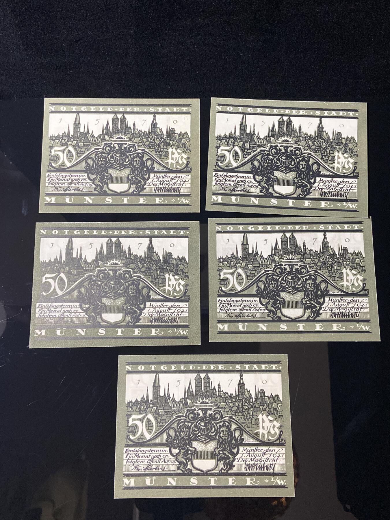 2026年第三十七场(总第二百零六场）德紧纸币特拍场(佣金3%，最低1元) 德紧纸币–德国北莱茵-威斯特法伦州明斯特市（Stadt Münster）50芬妮五枚套票