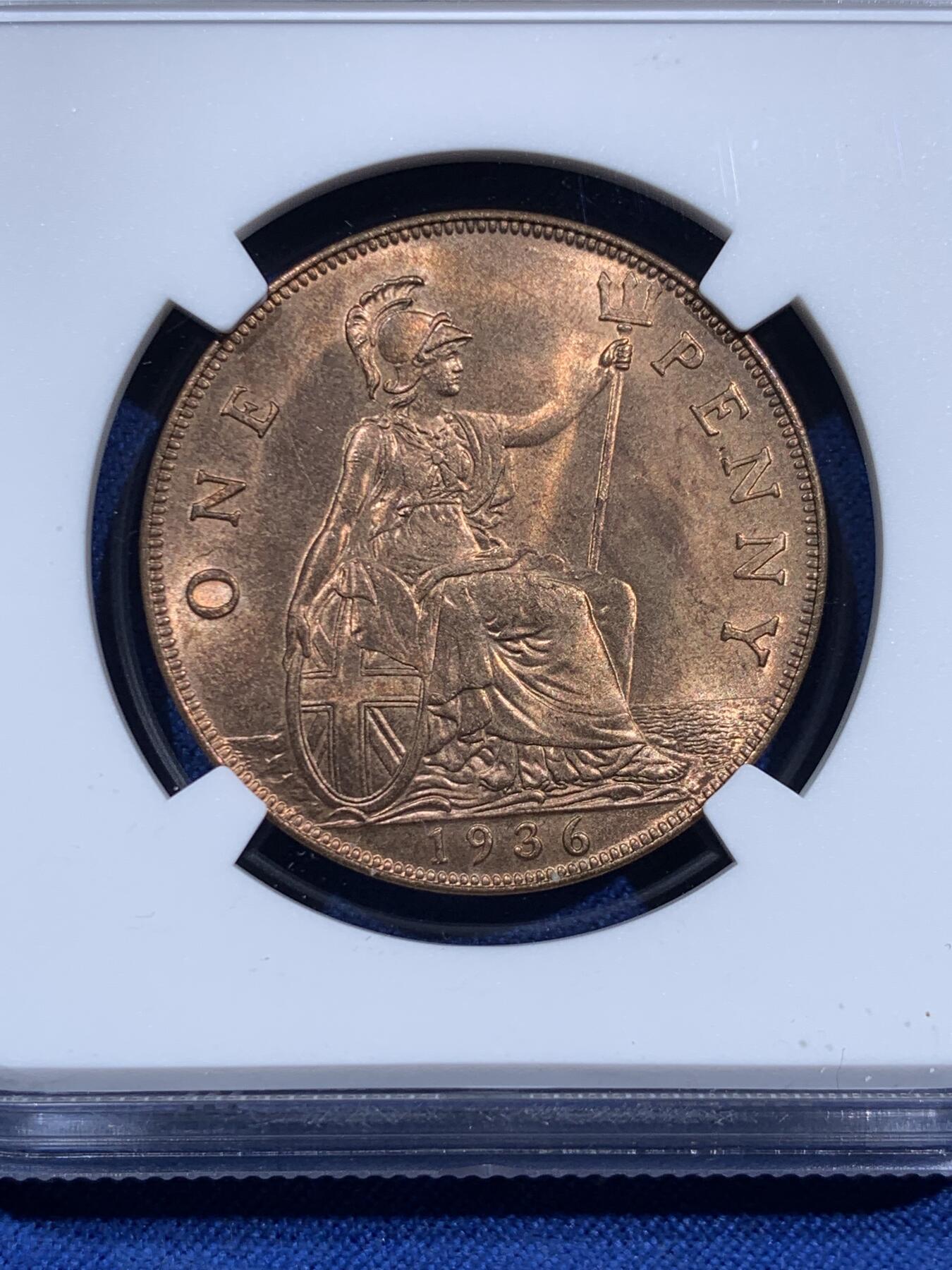 《竞宝斋》第473场 周日，周一 2场连拍 （全场包邮）欢迎送拍 NGC MS64RB 英国1936乔五1便士铜币 英系经典品种 背面为不列颠女神形象 细节光度都不错