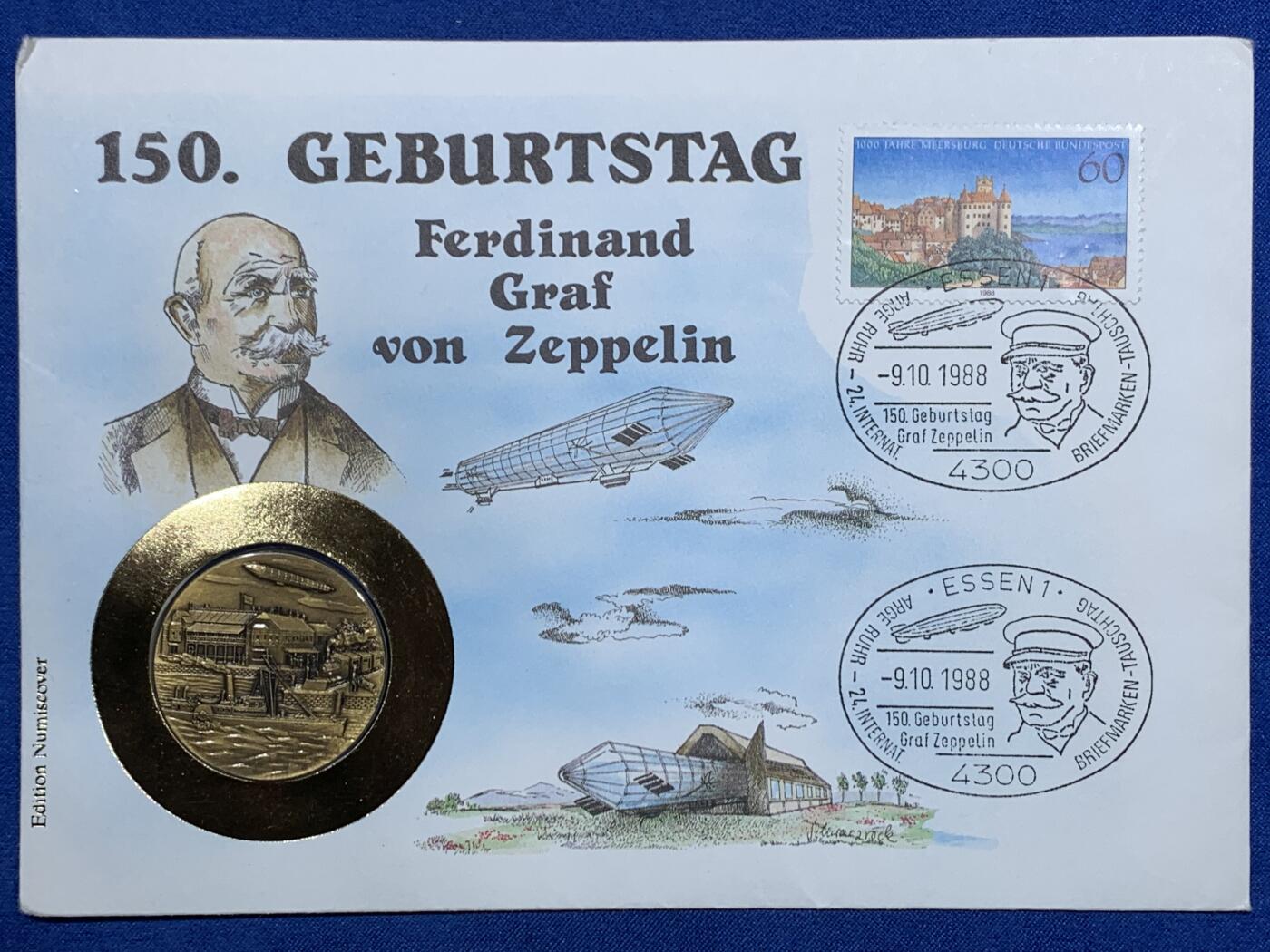 《竞宝斋》第473场 周日，周一 2场连拍 （全场包邮）欢迎送拍 费迪南德·冯·齐柏林伯爵诞辰150周年纪念邮票封 带高浮雕纪念章