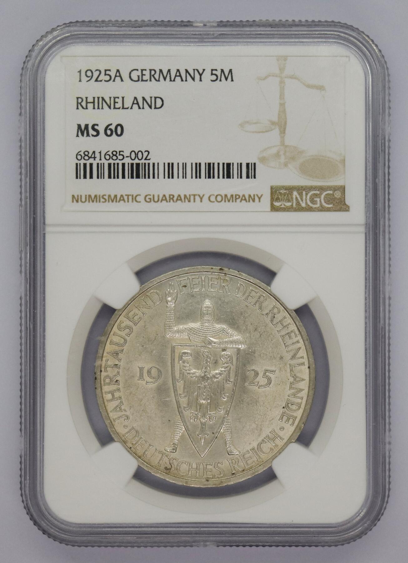 观钱 近现代机制币拍卖No.005（全场顺丰包邮，不区分偏远地区）  1925 年 A 版德国莱茵兰千年纪念 5 马克银币 NGC MS60