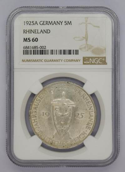 观钱 近现代机制币拍卖No.005（全场顺丰包邮，不区分偏远地区）  - 1925 年 A 版德国莱茵兰千年纪念 5 马克银币 NGC MS60