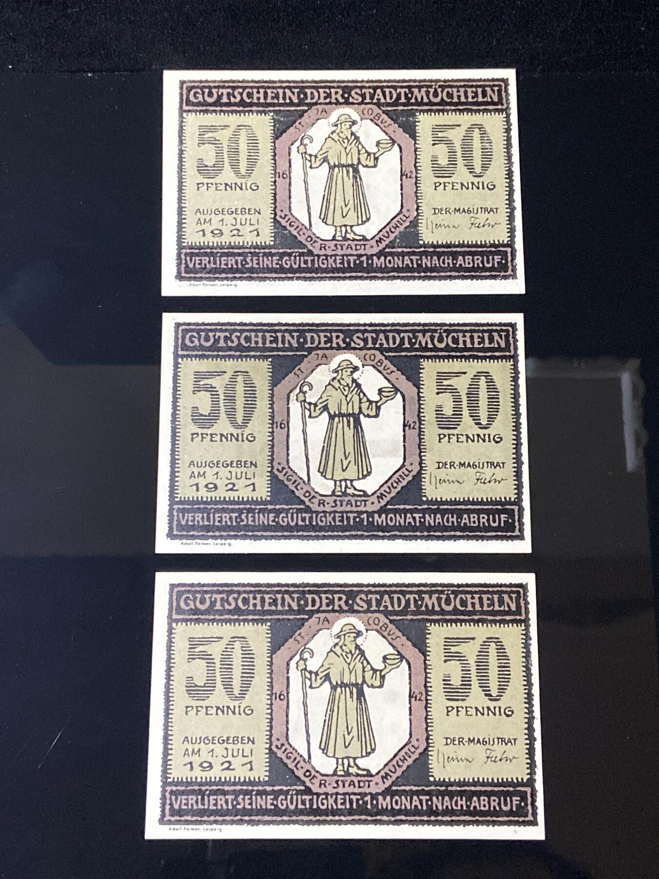 2026年第三十七场(总第二百零六场）德紧纸币特拍场(佣金3%，最低1元) 德紧纸币–德国萨克森-安哈尔特州米歇恩市（Stadt Mücheln）50芬妮三枚套票