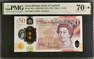 【Blue Auction】✨世界纸币精拍800期盛典——白金之夜🔥🔥🔥 - G-【靓号8888狮子号 倒置号 冠军分 满分】英国 2020年50镑 PMG70EPQ星星