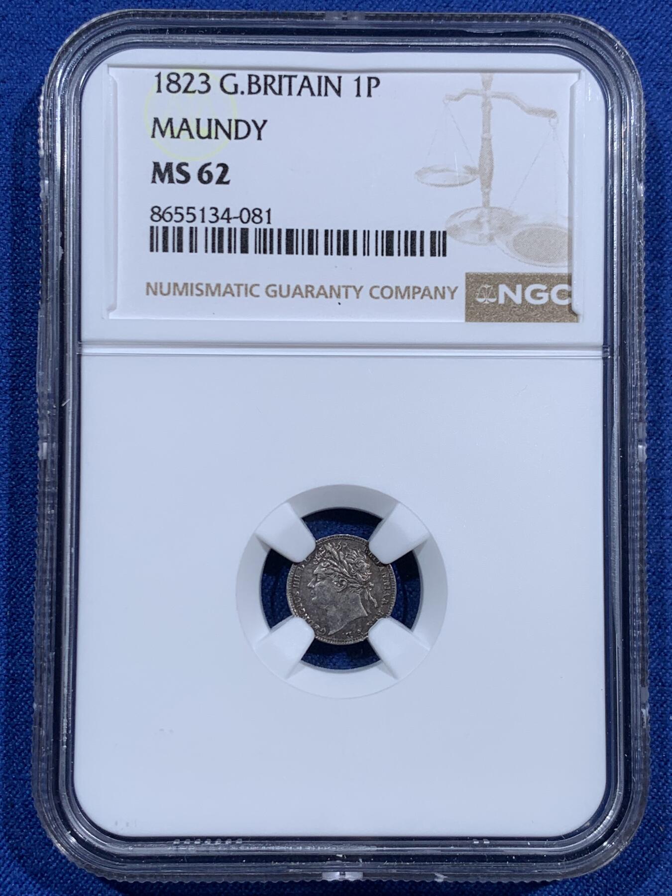 《竞宝斋》第473场 周日，周一 2场连拍 （全场包邮）欢迎送拍 四枚一组 NGC UNCD-MS62 英国1823年乔治四世濯足币 1-4便士银币