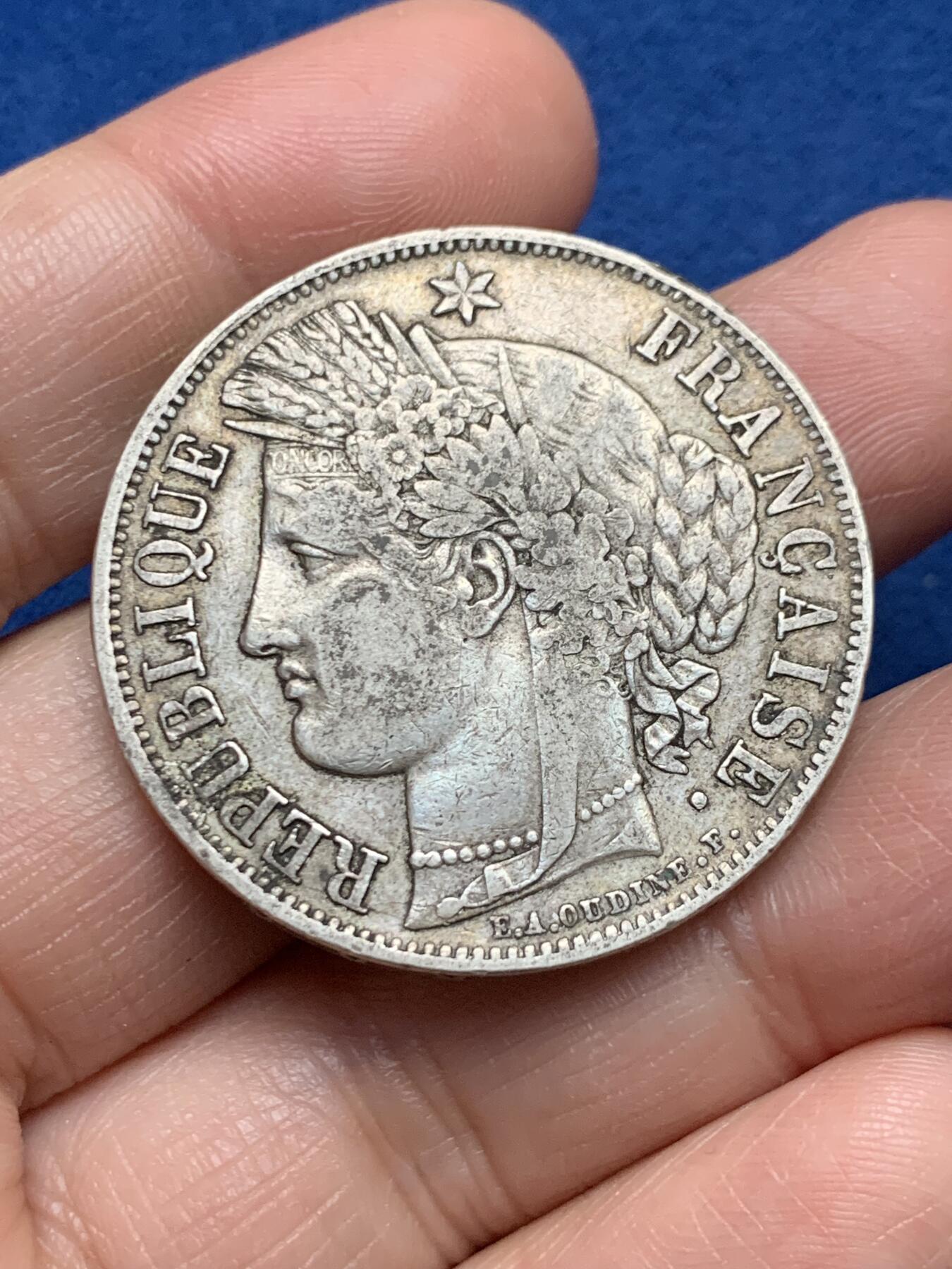 《竞宝斋》第473场 周日，周一 2场连拍 （全场包邮）欢迎送拍 两枚一组 法国谷物女神银币 1850A 5法郎 24.8克+1895年2法郎 9.75克