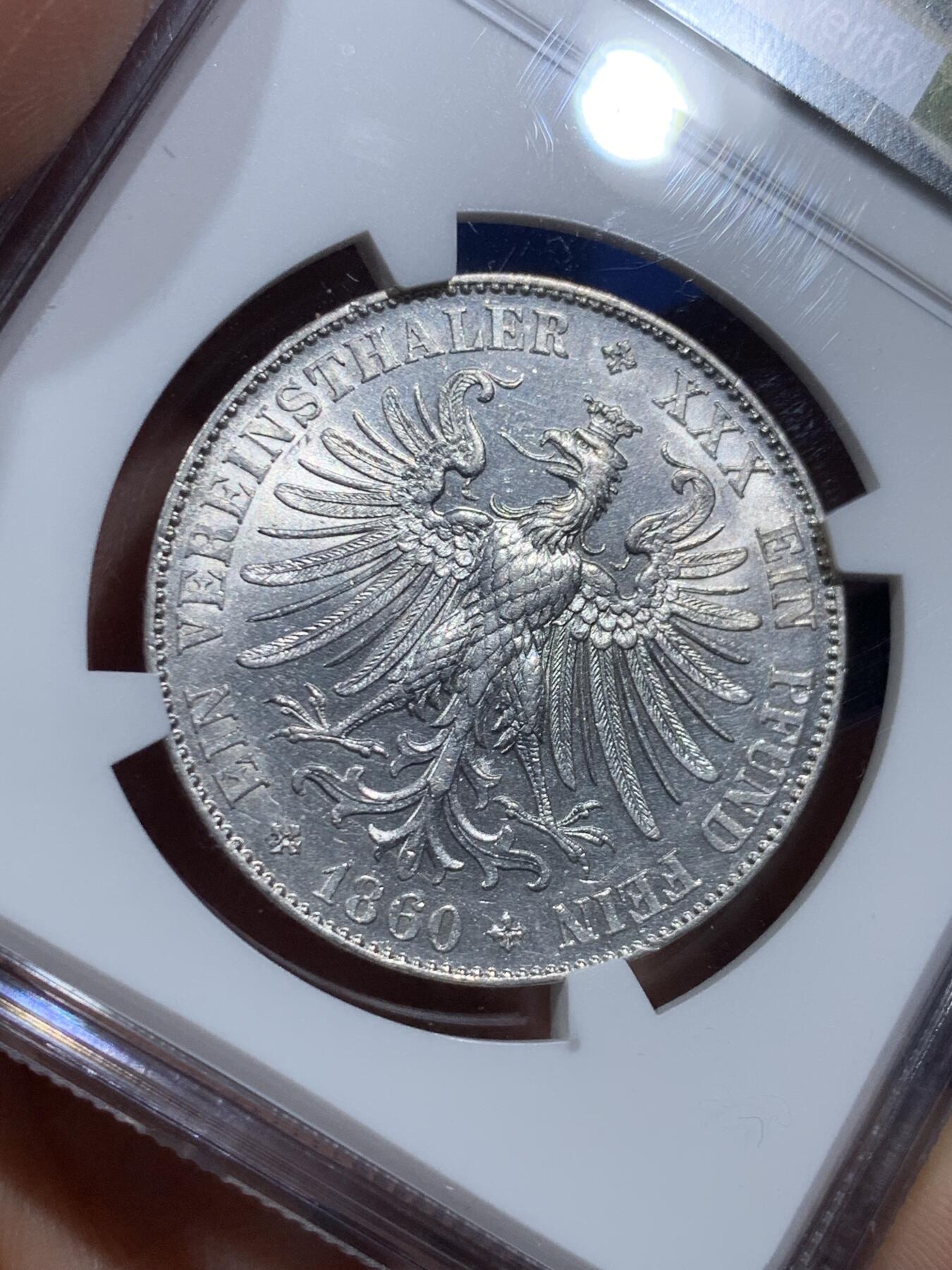 《竞宝斋》第473场 周日，周一 2场连拍 （全场包邮）欢迎送拍 NGC MS62 德国1860年法兰克福少女1泰勒银币，原光好品，非常火热的品种，MS62难度不小。