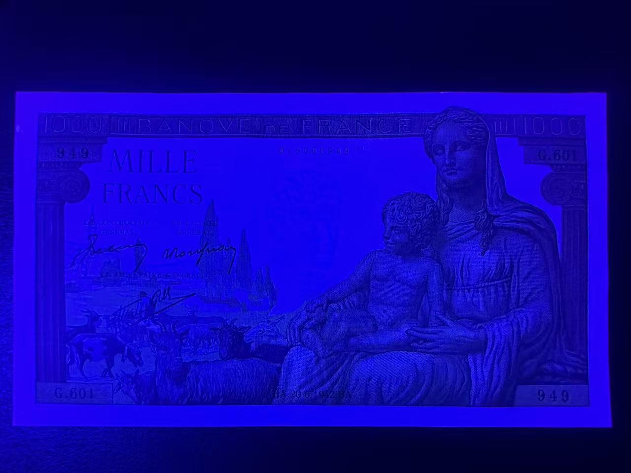 【Blue Auction】世界纸币精拍第798期——18级TOP拍卖/信誉/品质/专业/高效💫 【949小雷达】法国 1942年1000法郎 大票幅 圣母 墨丘利  UNC品相 