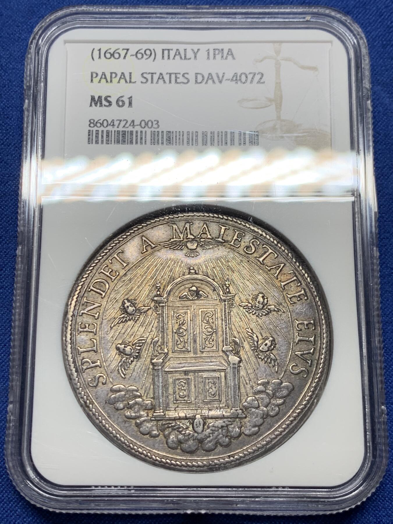 《竞宝斋》第473场 周日，周一 2场连拍 （全场包邮）欢迎送拍 唯一亚军分 NGC MS61 教皇国 1667-69 克莱门特九世 1P大银币 在位不足3年 对于这个教皇的币来说 每一枚都是不可多得的藏品 昆克AU品裸币3.6W成交