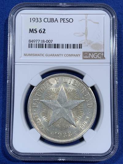 《竞宝斋》第474场 周日，周一 2场连拍 （全场包邮）欢迎送拍 - NGC MS62 古巴1933年五星1比索大银币