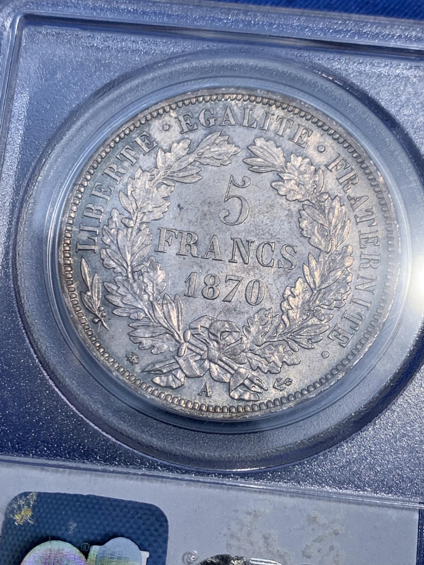 《竞宝斋》第474场 周日，周一 2场连拍 （全场包邮）欢迎送拍 PCGS MS63 法兰西第三共和国 1870A 谷物女神 5法郎 三共女神比二共少得多 此枚铸打精美 包浆老道 整体呈现灰黑色调