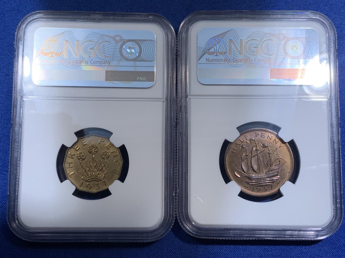 《竞宝斋》第474场 周日，周一 2场连拍 （全场包邮）欢迎送拍 11枚一组 含7枚银币 NGC PF62-65 英国1937年乔六首年1/4P-1克朗精制币