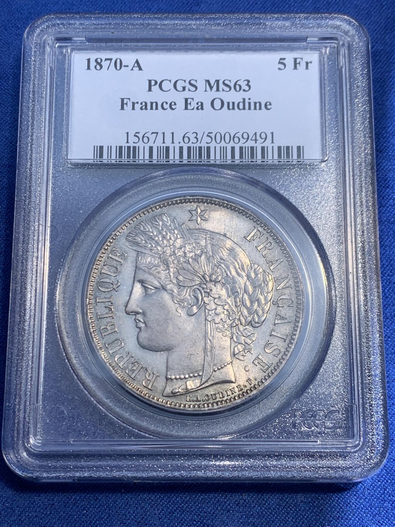 《竞宝斋》第474场 周日，周一 2场连拍 （全场包邮）欢迎送拍 PCGS MS63 法兰西第三共和国 1870A 谷物女神 5法郎 三共女神比二共少得多 此枚铸打精美 包浆老道 整体呈现灰黑色调