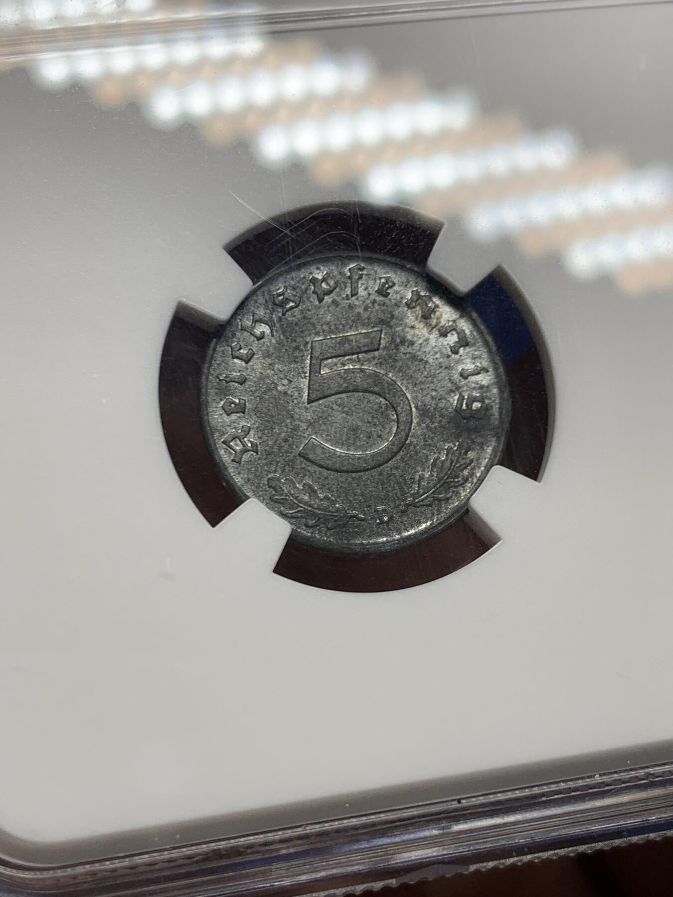 《竞宝斋》第474场 周日，周一 2场连拍 （全场包邮）欢迎送拍 NGC MS62 德国二战1942年D厂5芬尼