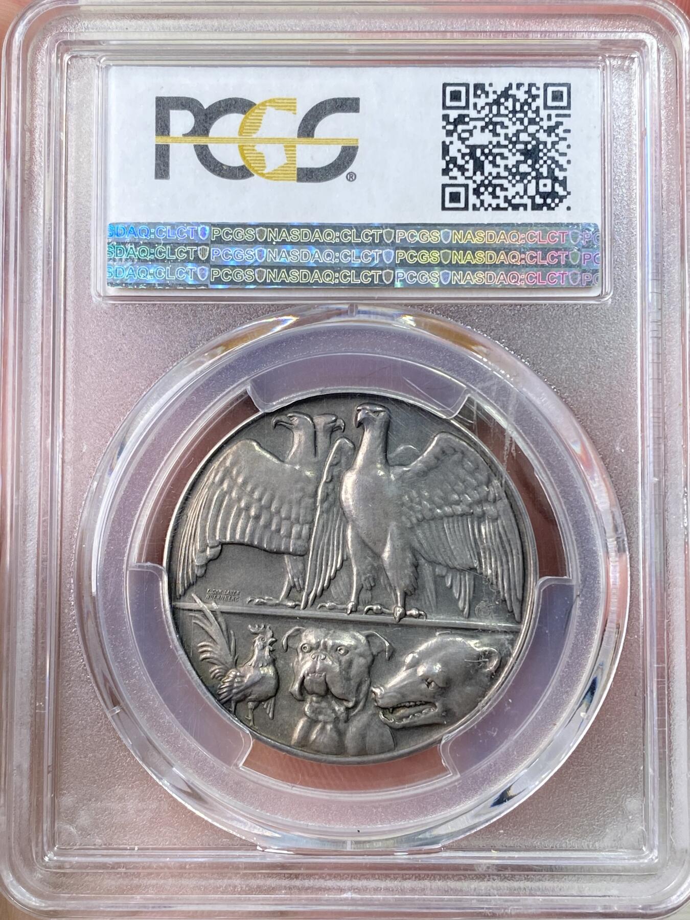 万国钱币拍卖第063期 PCGS SP64 1914年德国一战开战纪念银章 正面同盟国德意志、奥匈帝国和奥斯曼帝国 形象化双鹰为德奥 鸡狗熊为法英俄 MATTE磨砂工艺名誉品种