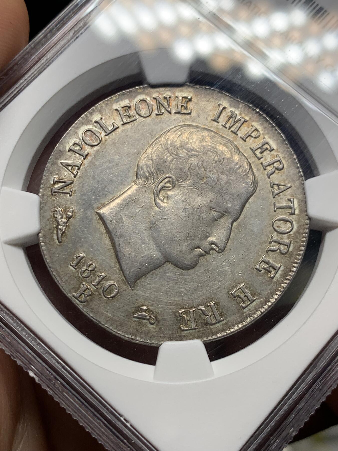 《竞宝斋》第474场 周日，周一 2场连拍 （全场包邮）欢迎送拍 NGC UNCD 拿破仑一世1810年意大利王国5里拉银币