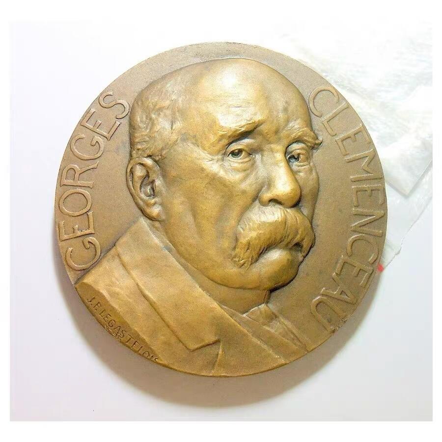 【艺术】法国艺术大章1918年 一战总理克里孟梭视察前线 高浮雕精制超大铜章 70MM 175克