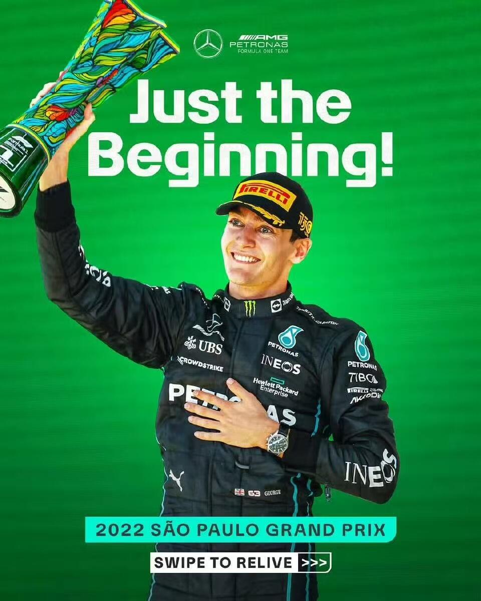 零元拍：银色墨迹配银箭！梅赛德斯奔驰马石油车队首席车手乔治-拉塞尔亲签1:43Mercedes-AMG F1 W13 E Performance巴西站职业生涯分站赛首冠冠军车模型！