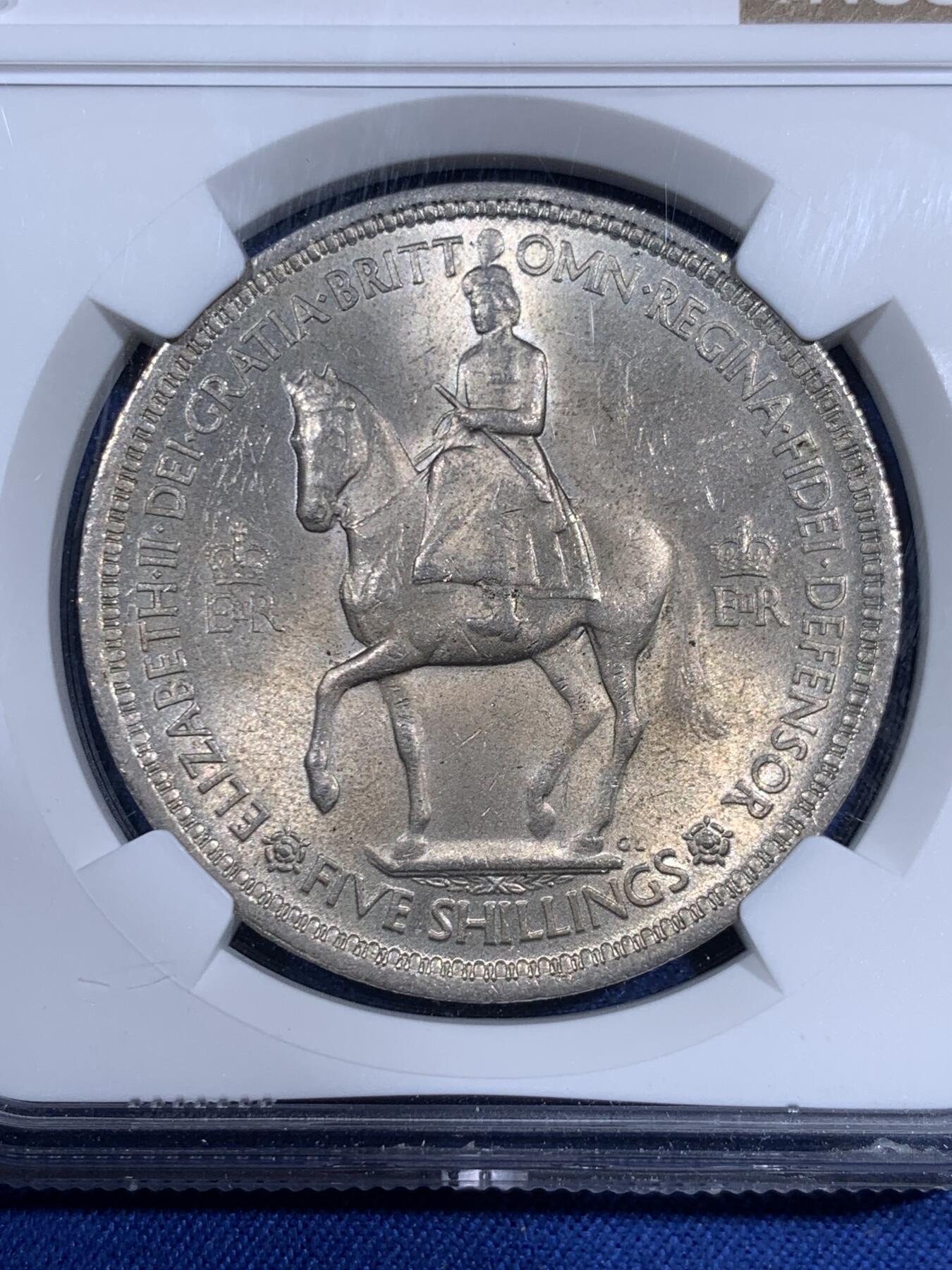 《竞宝斋》第474场 周日，周一 2场连拍 （全场包邮）欢迎送拍 NGC MS63 英国1953年伊丽莎白二世登基纪念克朗，原光好品。